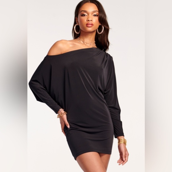 off the shoulder short sleeve dress HATCH Collection The Softsculpt Knit Off The Shoulder Dress in Black